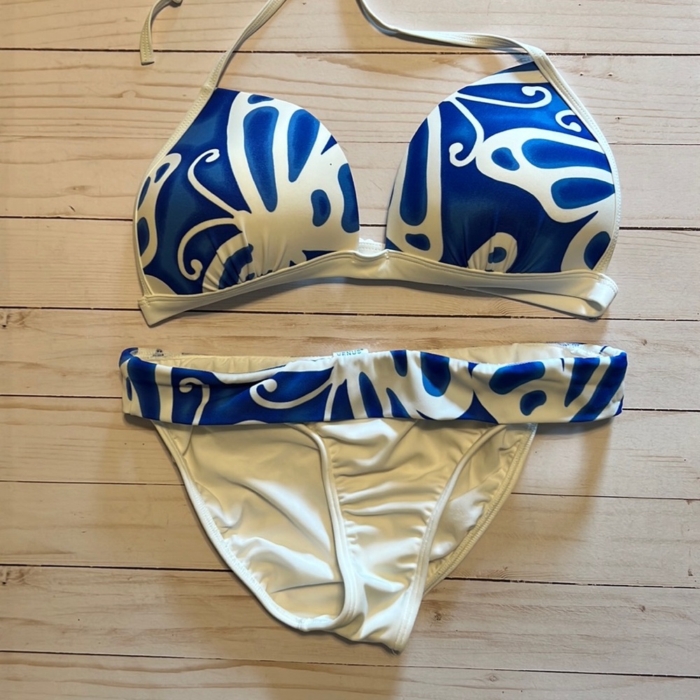 Blue and white bikini